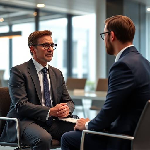 Entrevista a un ejecutivo en un entorno corporativo moderno y elegante.